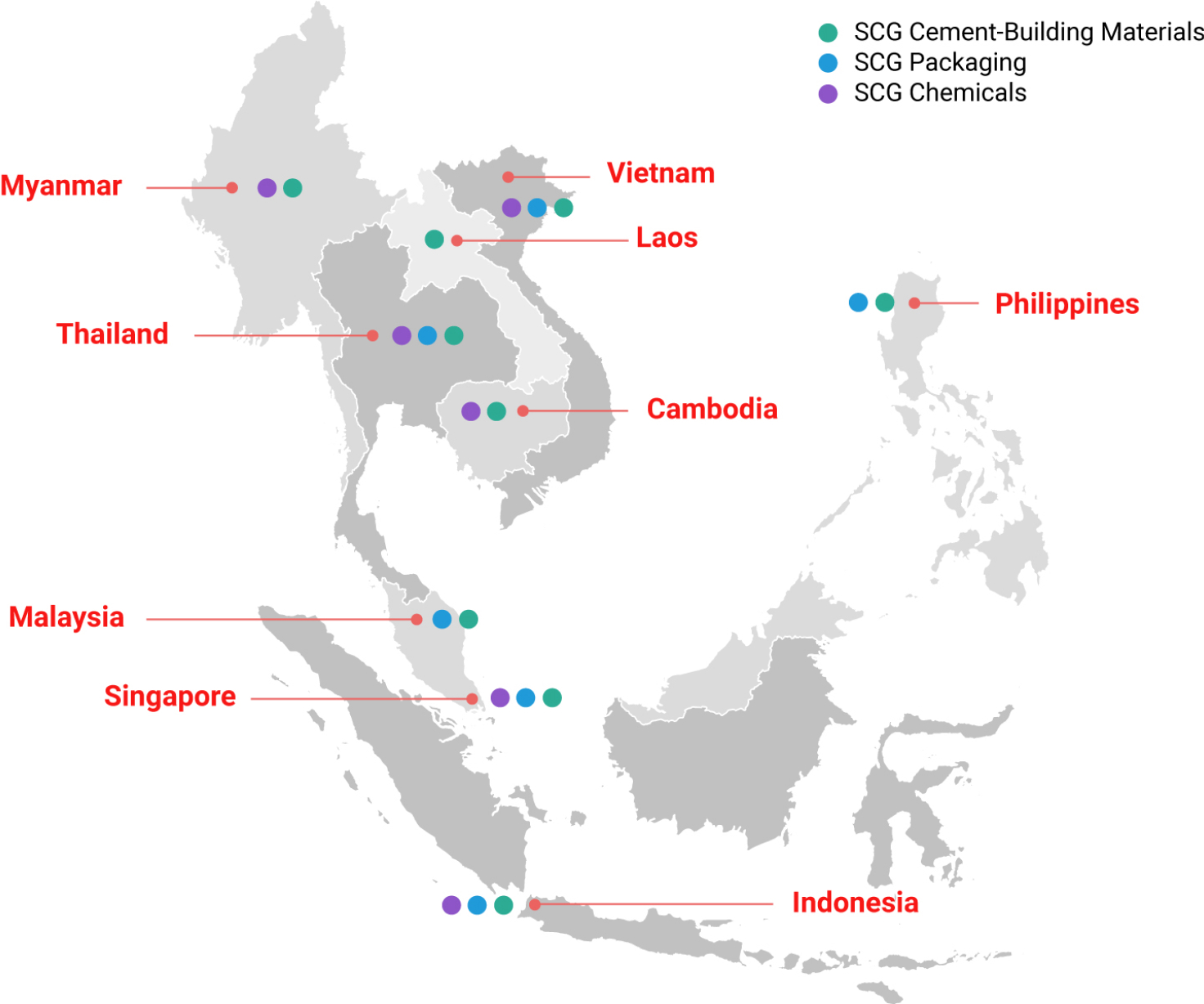 Map of SCG’s presence in Southeast Asia